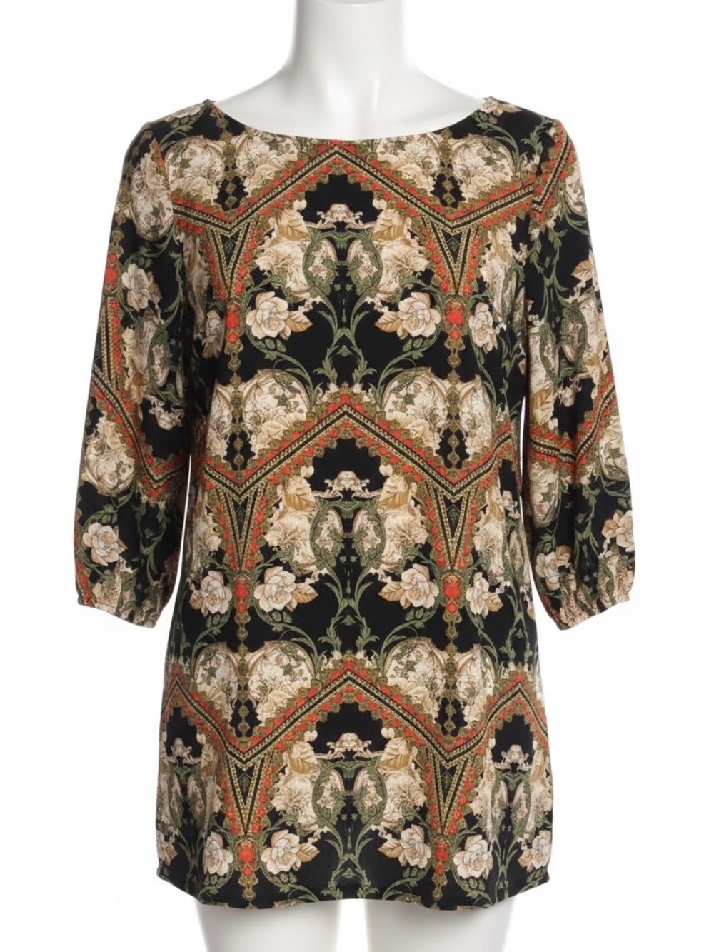 OVI Womens Baroque Floral Mini Dress Black Ornate Print Back Zip 3/4 Sleeve